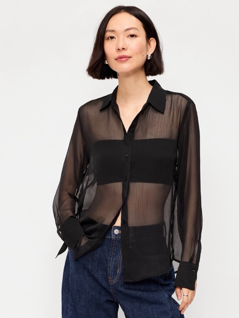 Chiffon Sheer Black Button-down Women's Shirt NWOT